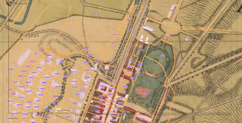 Superposition du cadastre actuel sur un plan ancien du bourg et de son parc
