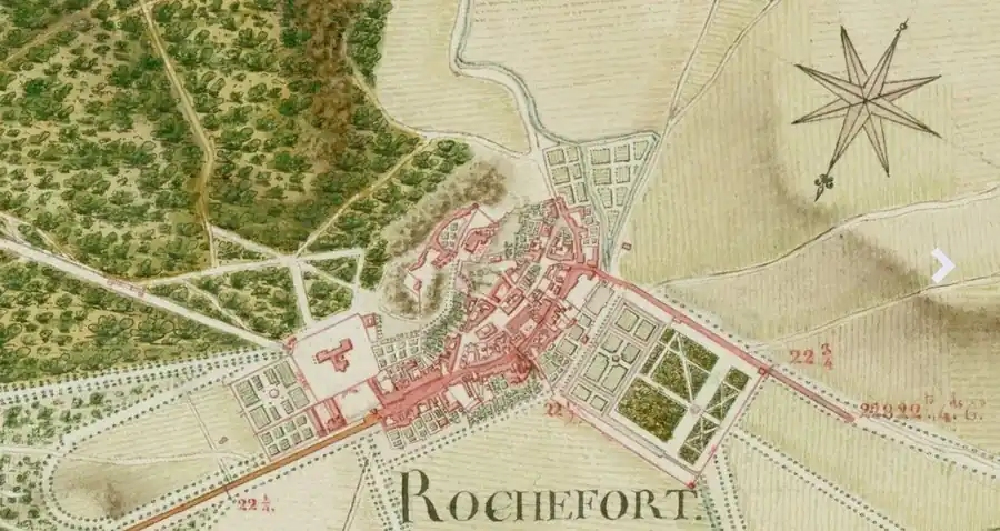 Extrait d'un atlas routier du XVIIIe siècle montrant un bourg, son château, ses jardins et les chemins alentour