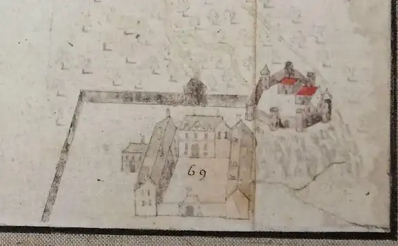 Dessin ancien d'un château fortifié et de son enceinte